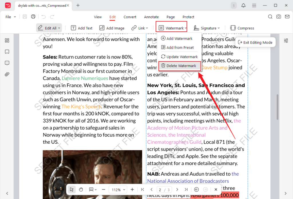 Go to Watermark and click Delete Watermark or Update Watermark in JOPDF