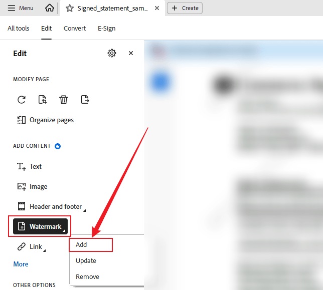 Go to Edit and select the Add option from the Watermark list in Adobe Acrobat