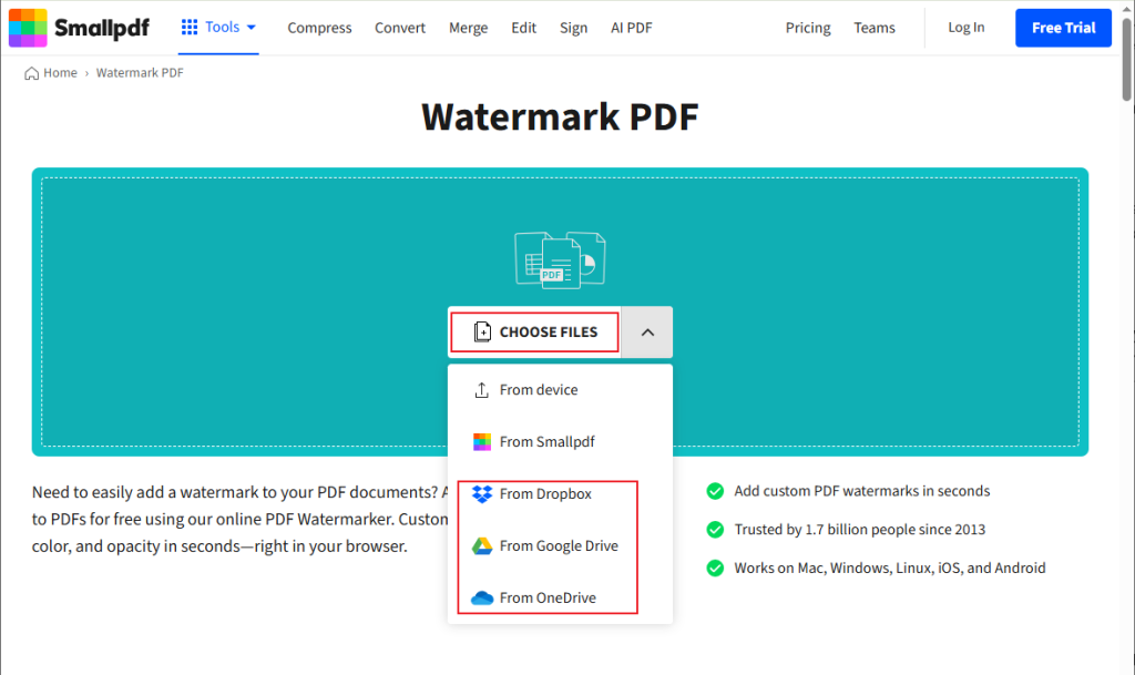 Click CHOOSE FILES to upload the target PDF file into Smallpdf for watermarking