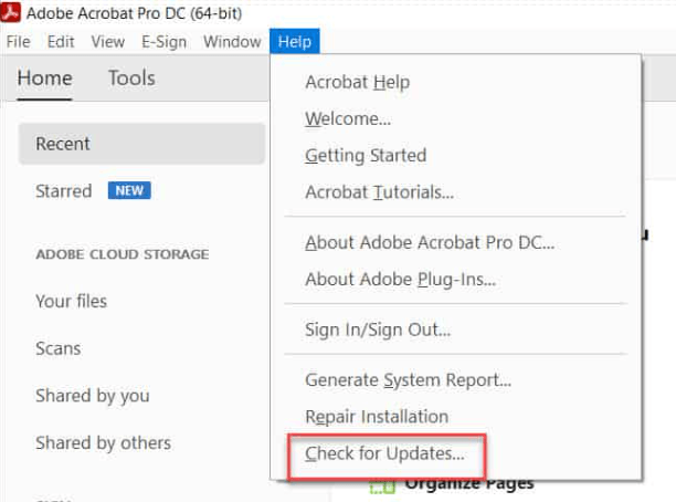 Click Help and select Check for Updates