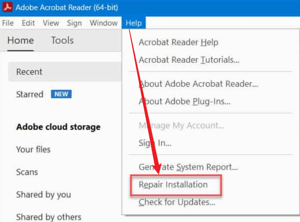 Click Help and select the Repair Installation option in Adobe Acrobat