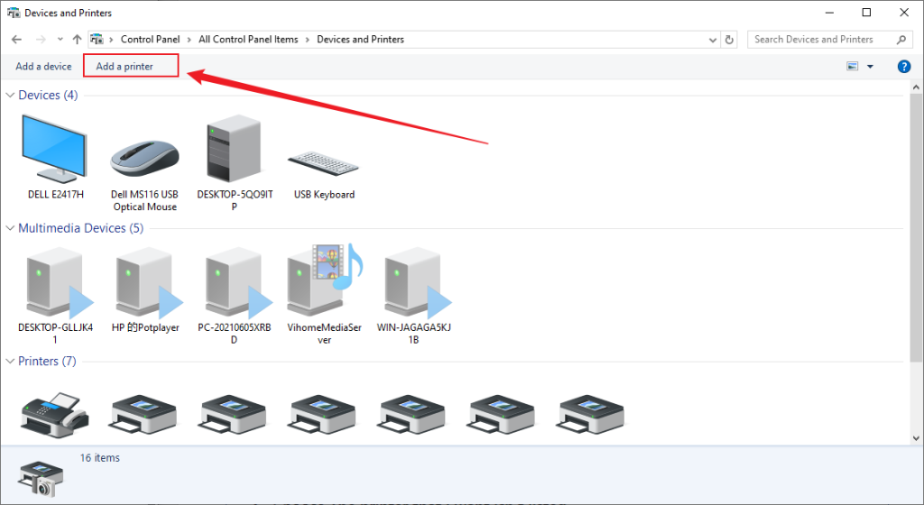 Click Add a printer in the Devices and Printers window