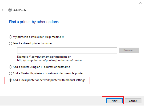 Select the Add a local printer or network printer with manual settings option