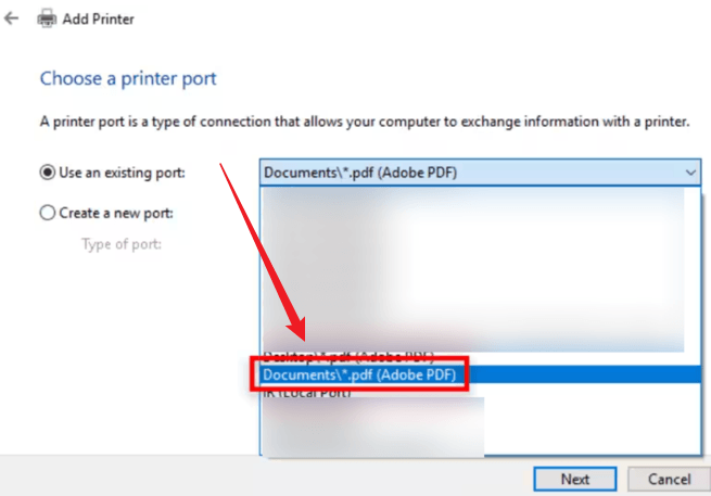 Select Use an existing port and choose Documents*pdf (Adobe PDF)