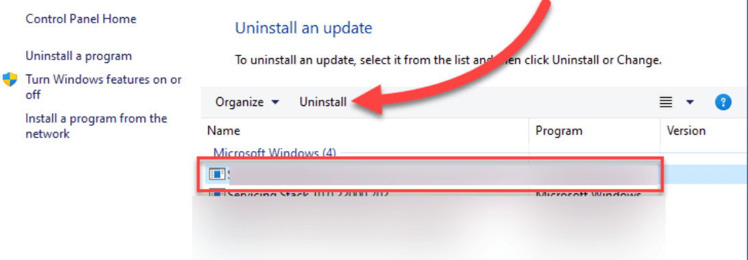Click Uninstall updates to restore system stability