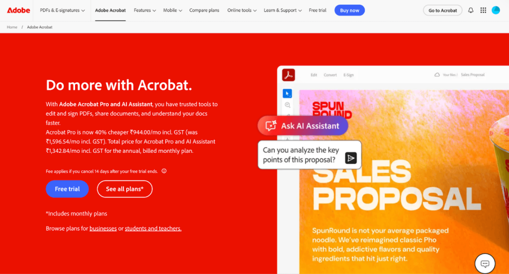 The website page of Adobe Acrobat
