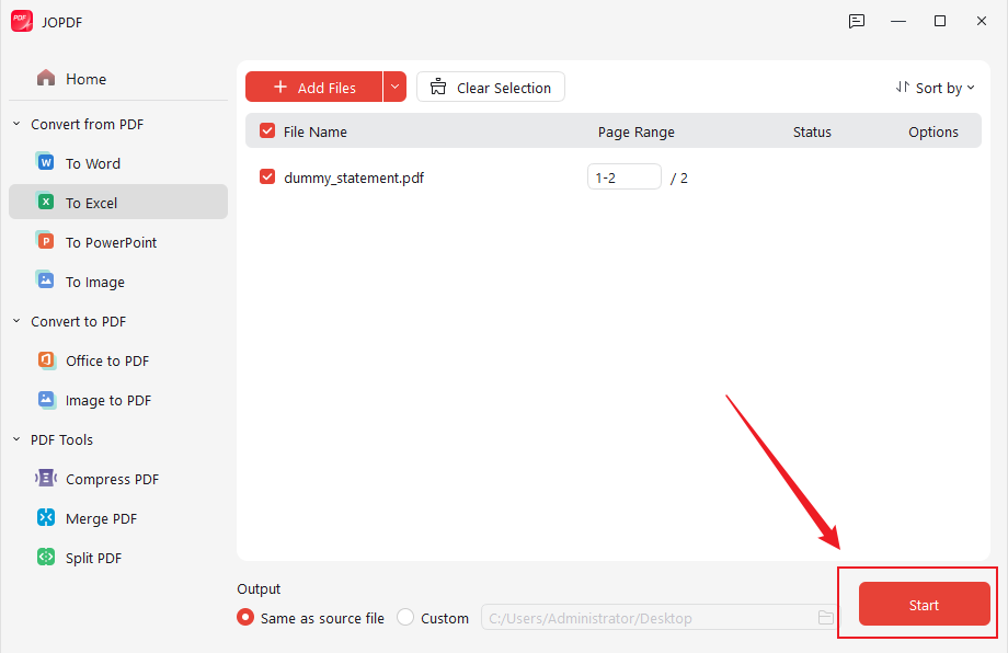Click Start to convert the PDF bank statement to Excel in JOPDF