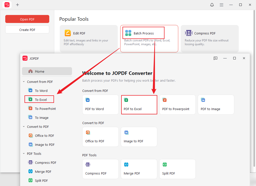 Click Batch Process and select PDF to Excel in JOPDF