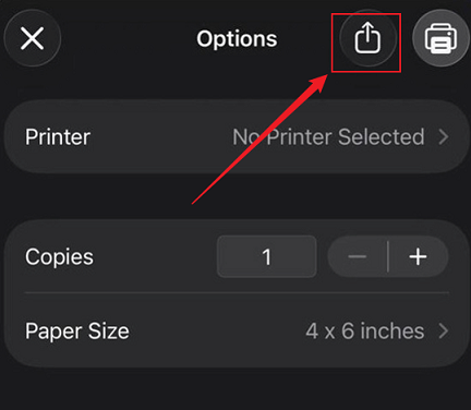 Tap the Share icon in the Printer Options screen of your iPhone