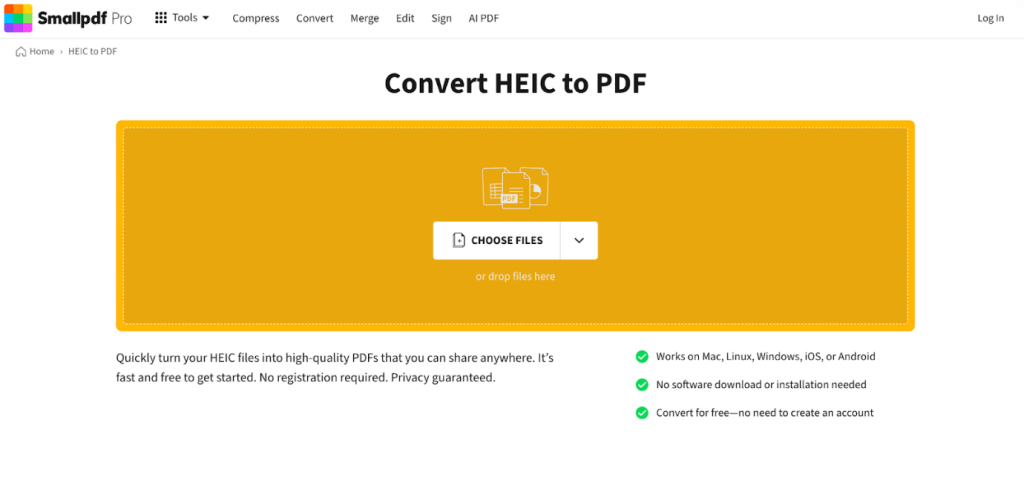 Click CHOOSE FILES to upload your HEIC images into Smallpdf