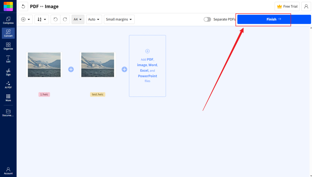 Click the Finish button to enable the combination process in Smallpdf