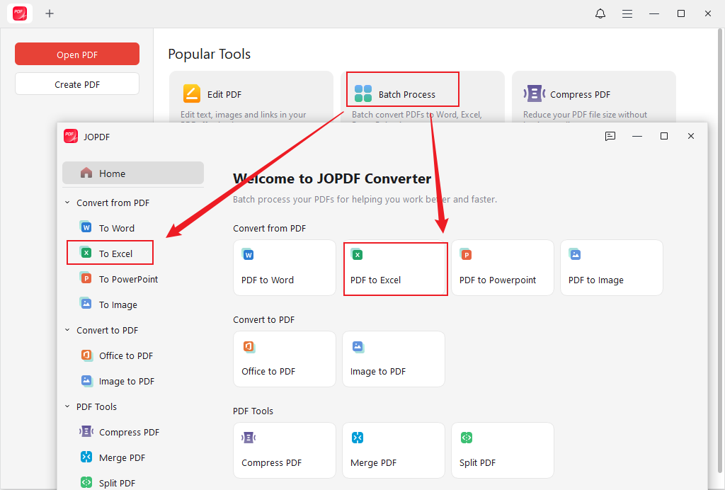 Click Batch Process and select the PDF to Excel option in JOPDF