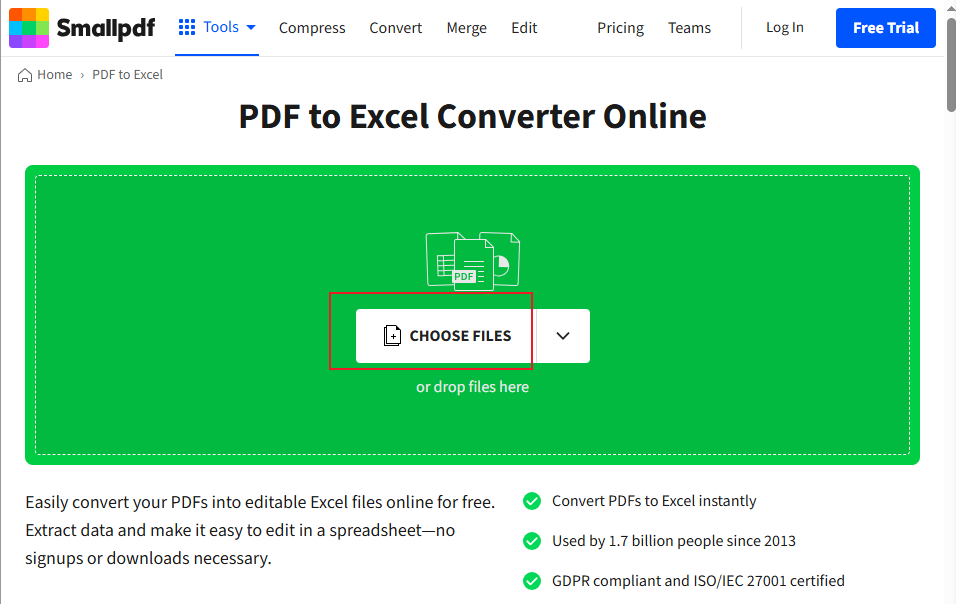 Click CHOOSE FILES to upload the target bank statement into Smallpdf