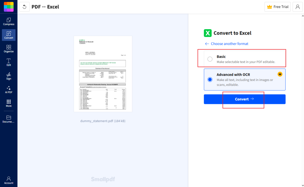 Select Basic and click Convert in Smallpdf