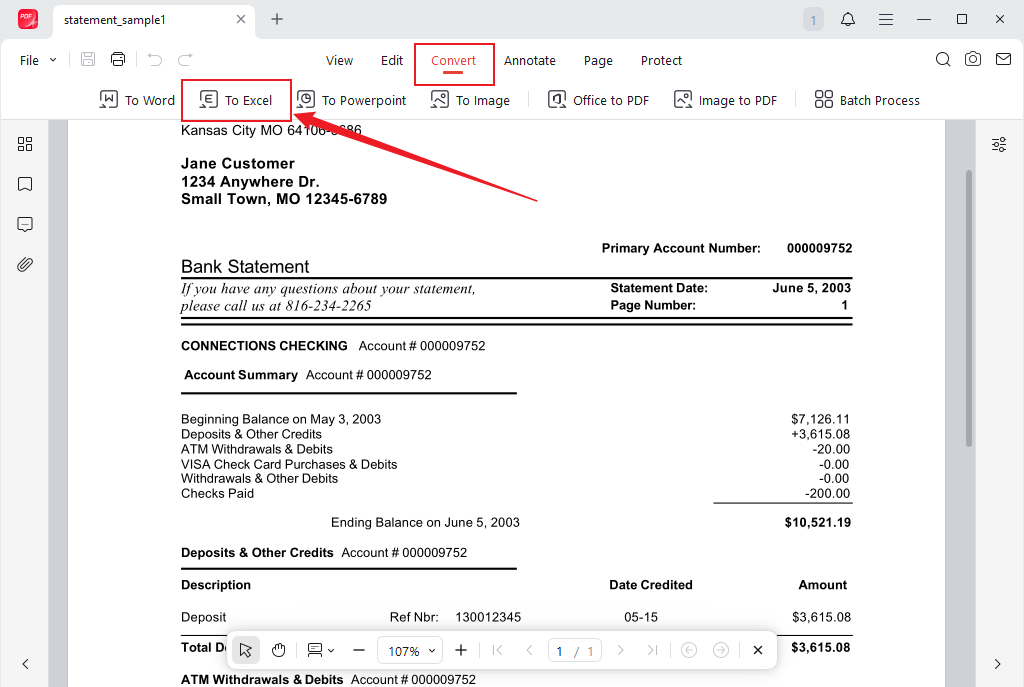 Go to Convert and click the To Excel option in JOPDF