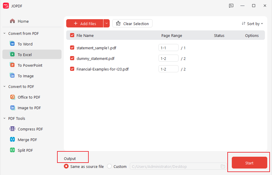 Specify the saving path and click Start in JOPDF