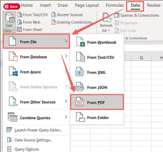 Go to Data and select the From PDF option from the From File list in Microsoft Excel