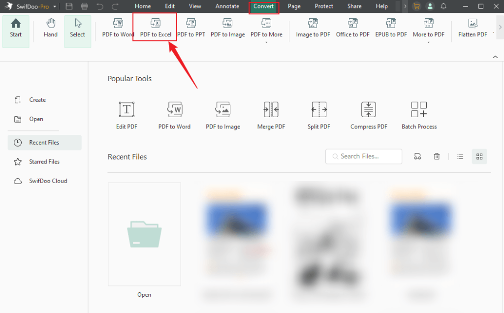 Switch to Convert and click the PDF to Excel option in SwifDoo PDF