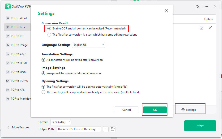 Click Settings and check the Enable OCR and all content can be edited option in SwifDoo PDF