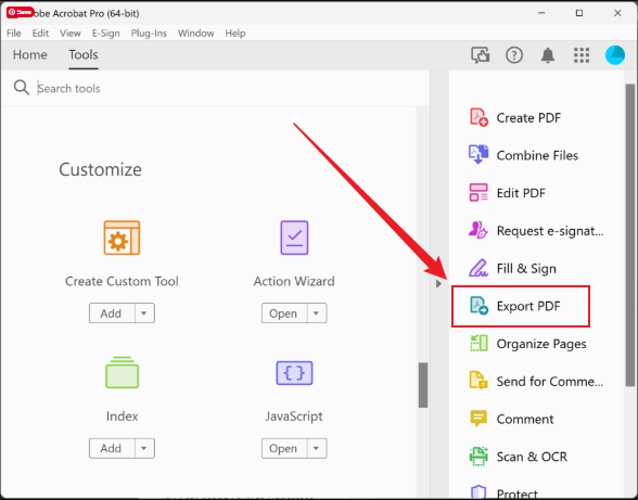 Click the Export PDF option in Adobe Acrobat pro