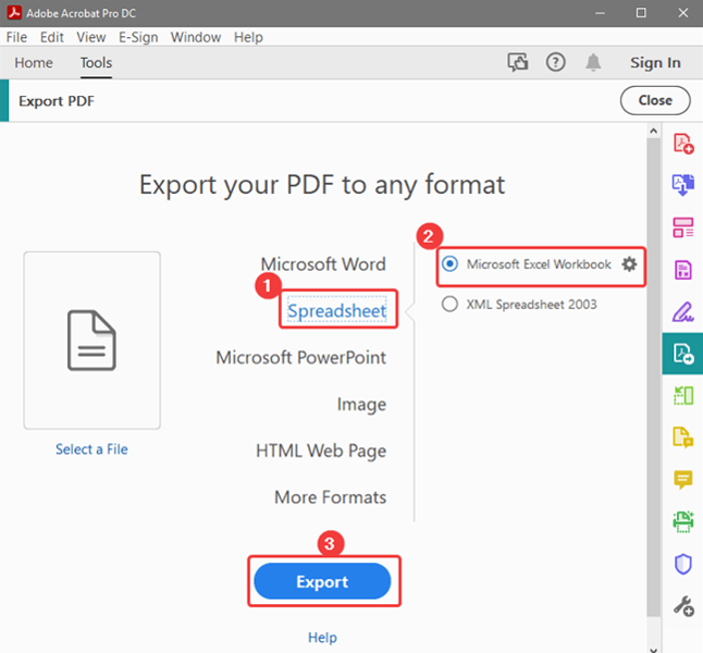 Click Spreadsheet and select the Microsoft Excel Workbook option in Adobe Acrobat Pro