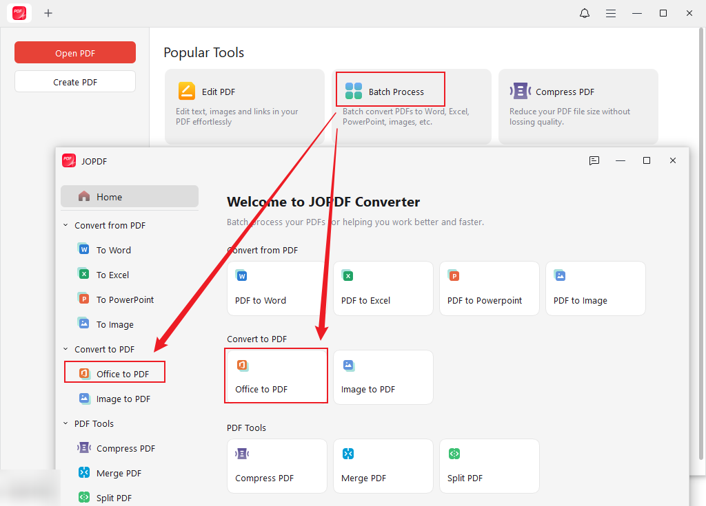 Click Batch Process and select the Office to PDF option in JOPDF