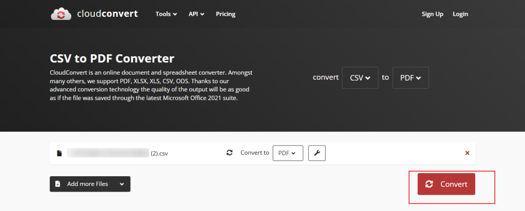Click the Convert button to start the CSV to PDF conversion in CloudConvert