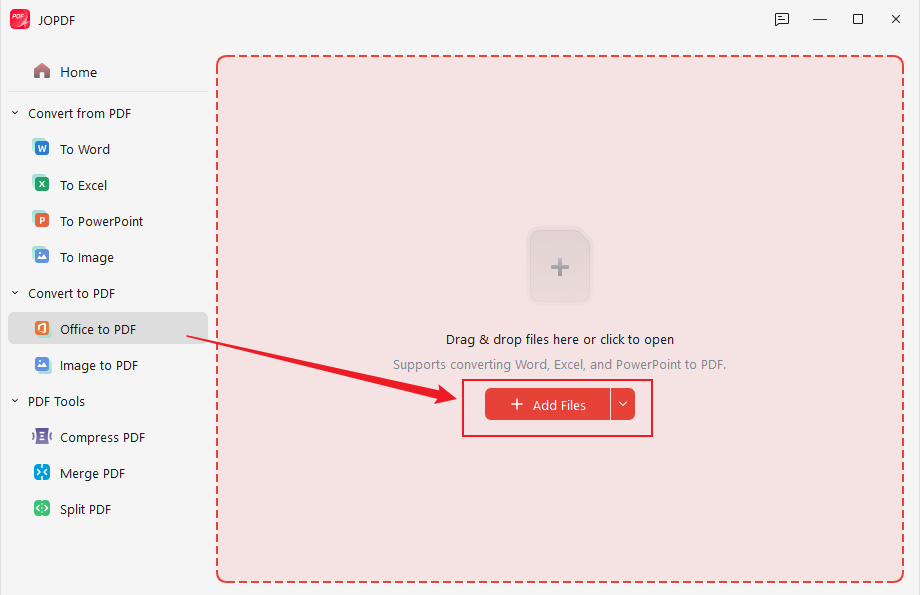 Click + Add Files to import CSV files into JOPDF