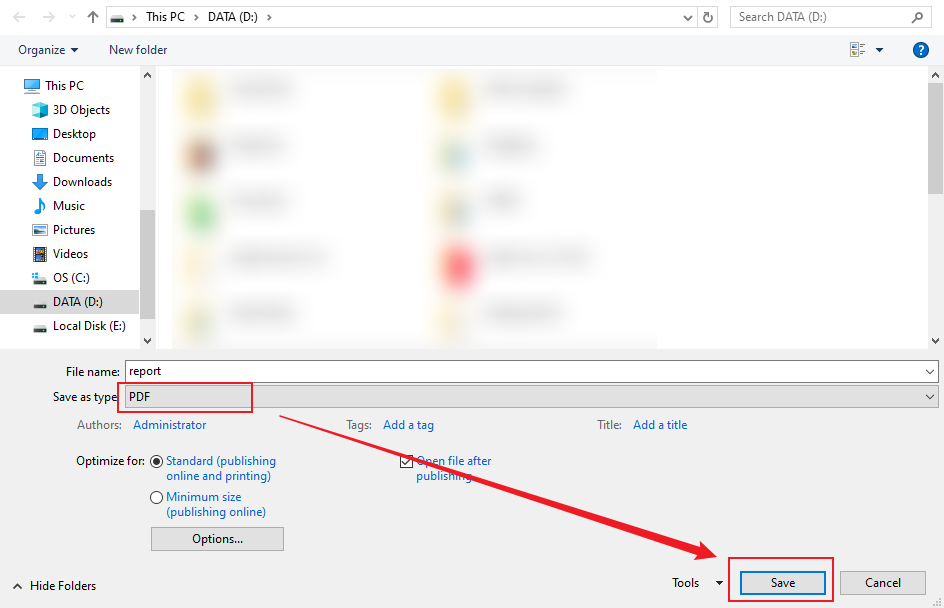 Select the PDF output format and click Start in Microsoft Excel