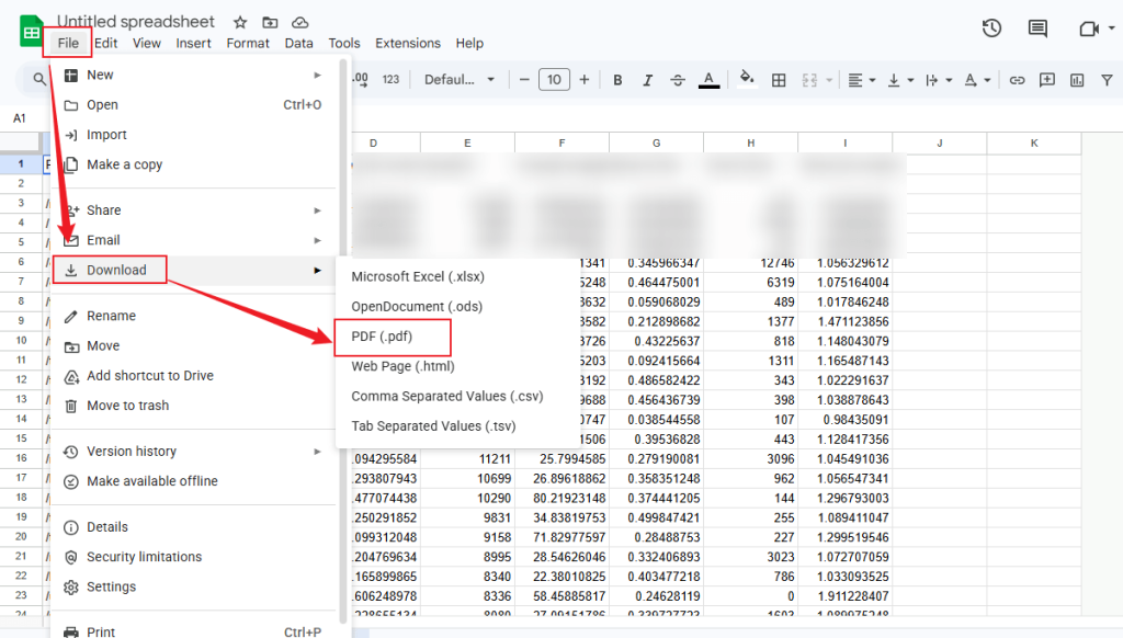 Click File and select the PDF (.pdf) option from the Download list of Google Sheets