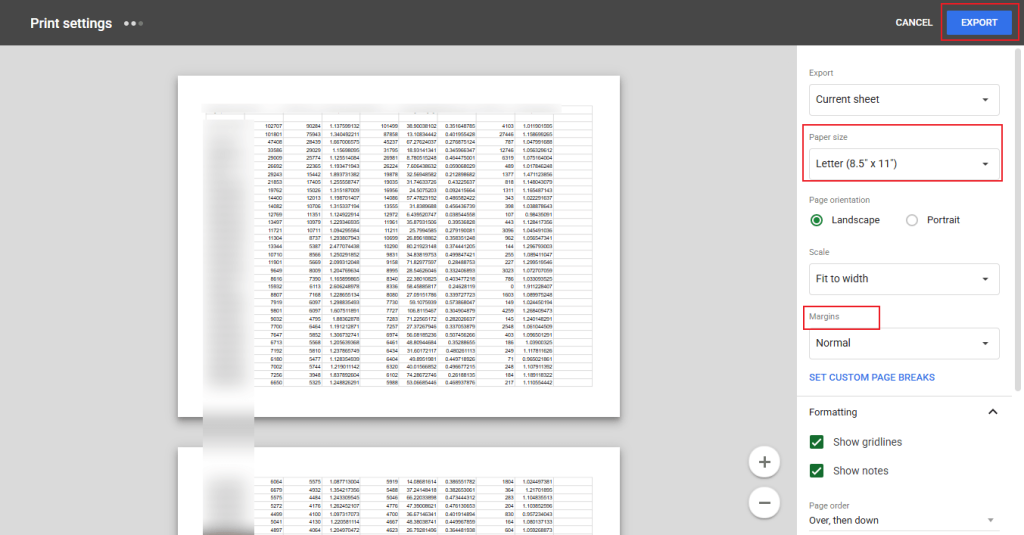 Click the EXPORT button to save the PDF file from Google Sheets