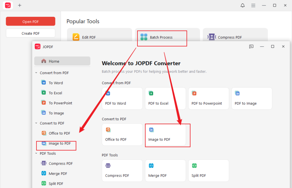Click Batch Process and select the Image to PDF option in JOPDF
