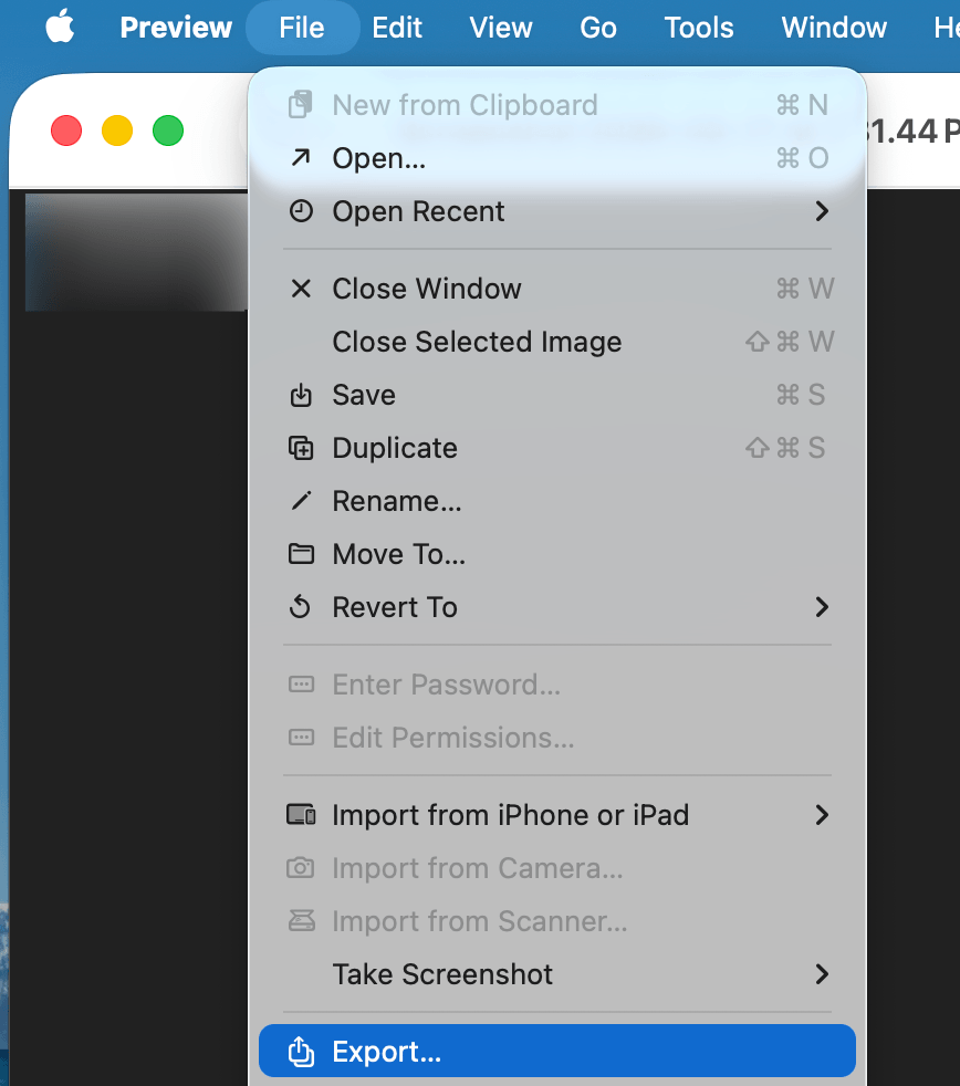 Click File and select the Export option in Preview