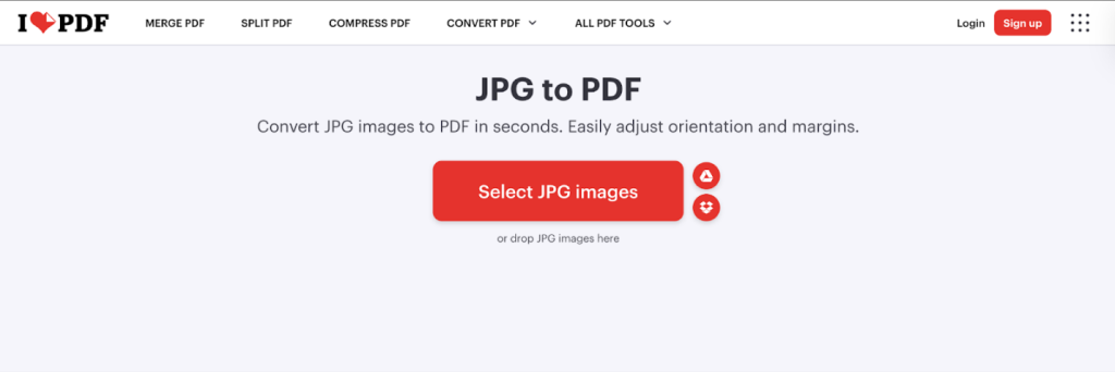 Click Select JPG images to upload your image into iLovePDF