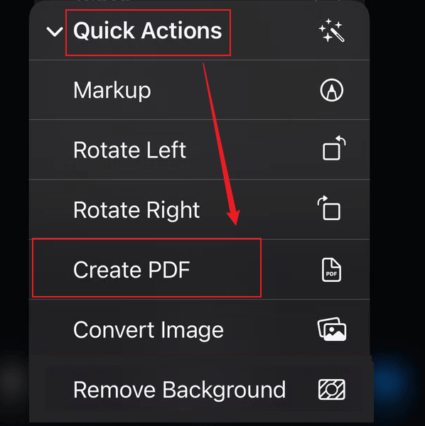 Move to Quick Actions and tap the Create PDF option in the Files app