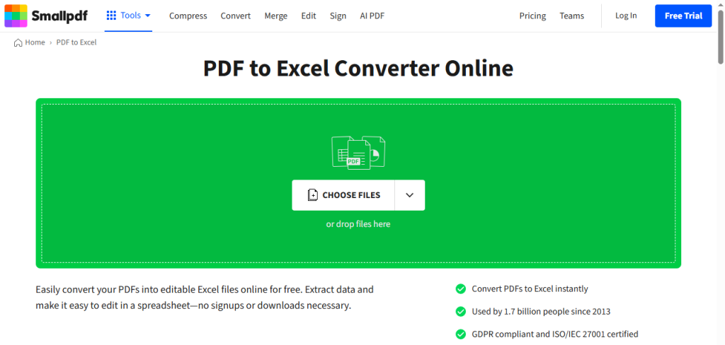 Smallpdf PDF to Excel