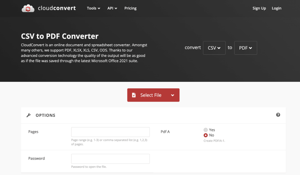 The CSV to PDF Converter interface of CloudConvert