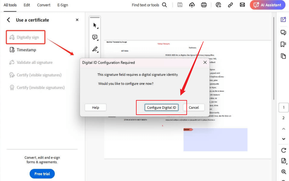 Click the Configure Digital ID button in Adobe Acrobat