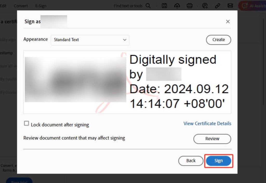 Click the Sign button in Adobe Acrobat