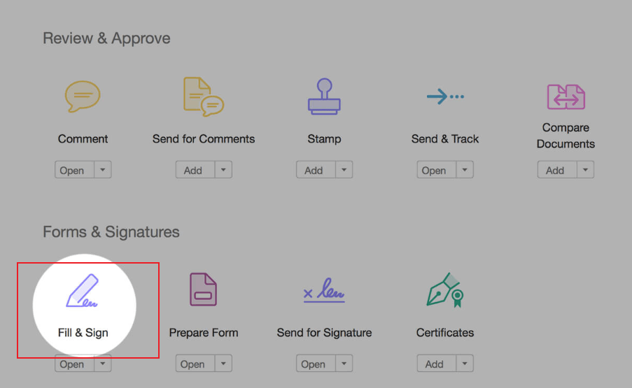 Click the Fill & Sign option in Adobe Acrobat