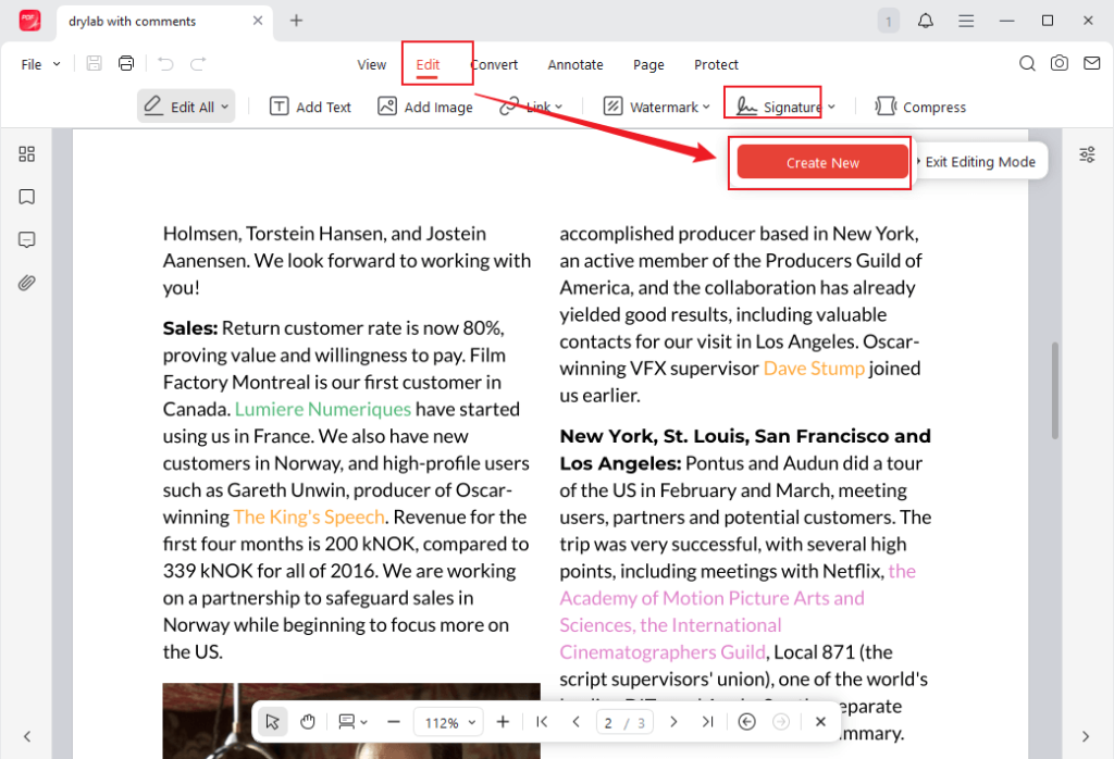 Click the Edit tab and select the Signature option in JOPDF