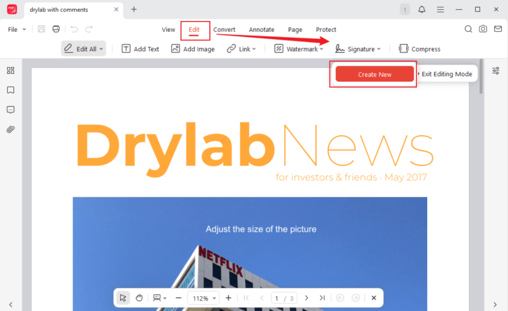 Go to Edit to click Signature and hit Create New in JOPDF