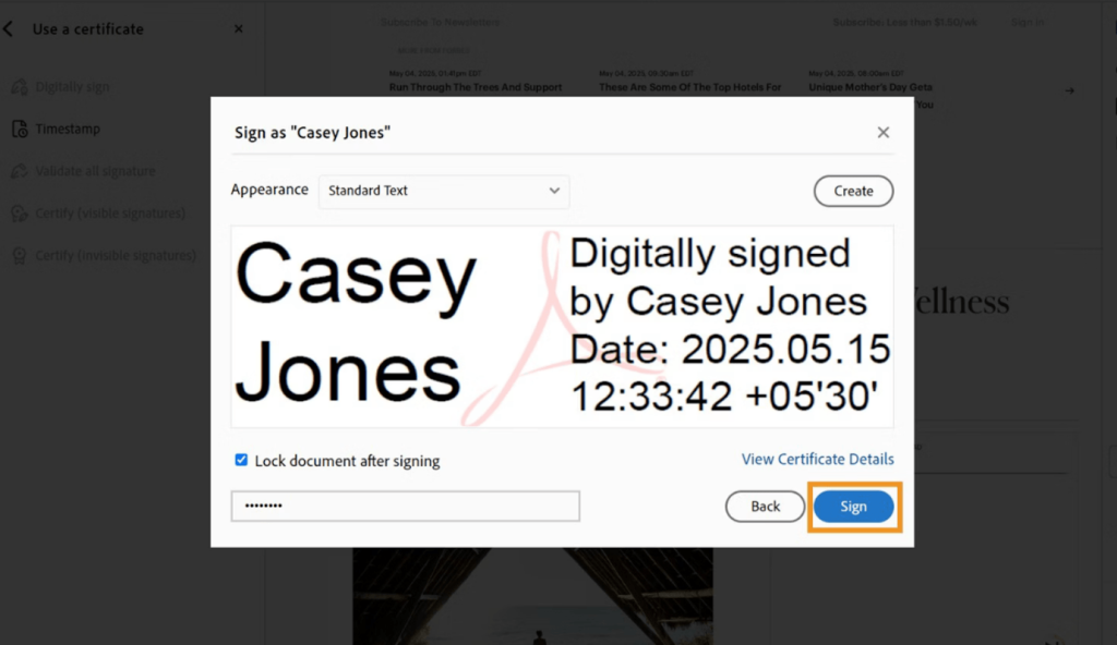 Enter the digital ID password in Adobe Acrobat