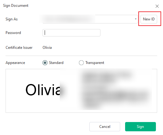 Click the New ID option in SwifDoo PDF to select the needed digital ID