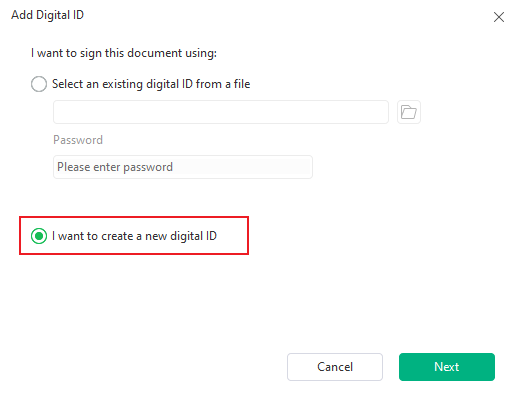 Check the “I want to create a new digital ID” option in SwifDoo PDF