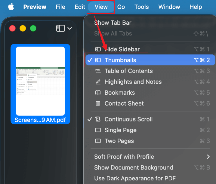 Click View and select the Thumbnails option in Preview
