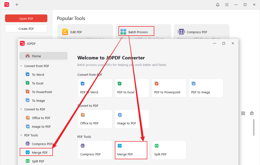 Click Batch Process and select the Merge PDF option in JOPDF