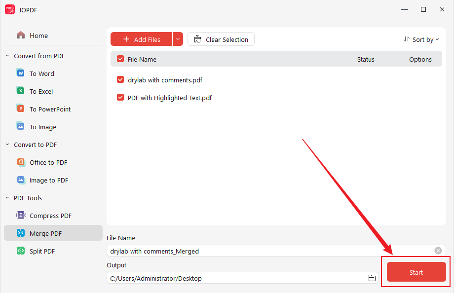 Click Start to combine PDFs in JOPDF