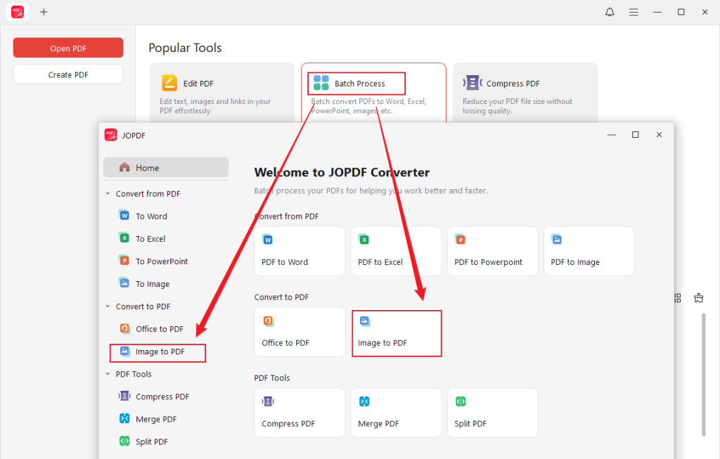 Click Batch Process and select the Image to PDF option in JOPDF
