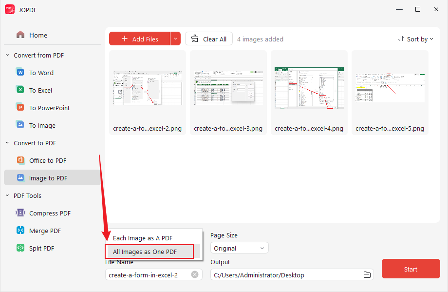 Select the All Images as One PDF option and adjust the other combining settings in JOPDF